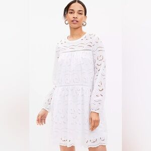 Loft White Eyelet Lace Mini Dress Boho Cottagecore Scallop Hem Large Tall